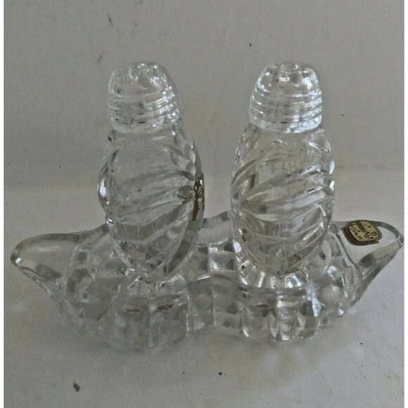 Vintage Bohemia Glass Crystal Salt and Peppers with Crystal Glass lids and Stand - Picture 3 of 12